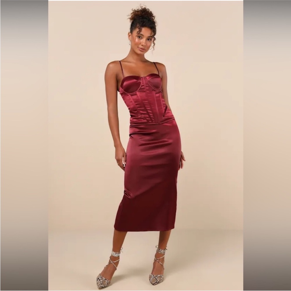 Lulu’s Burgundy Satin Midi Skirt and Corset Set